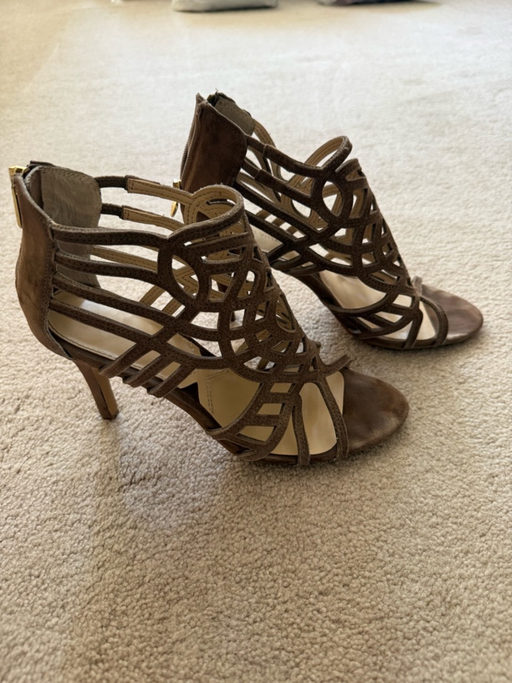 Adrienne Vittadini Brown Laser-Cut Strappy High Heel Sandals